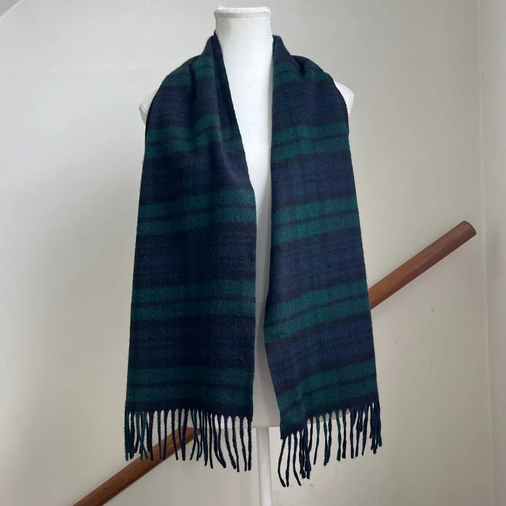 Vintage Scots Regal Scarf Green Blue Blackwatch Plaid 100% Cashmere Scotland
